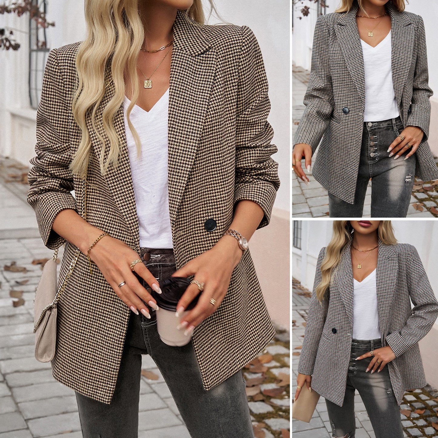 Autumn and winter European and American women's clothing temperament commuting contrasting color lapel button small suit