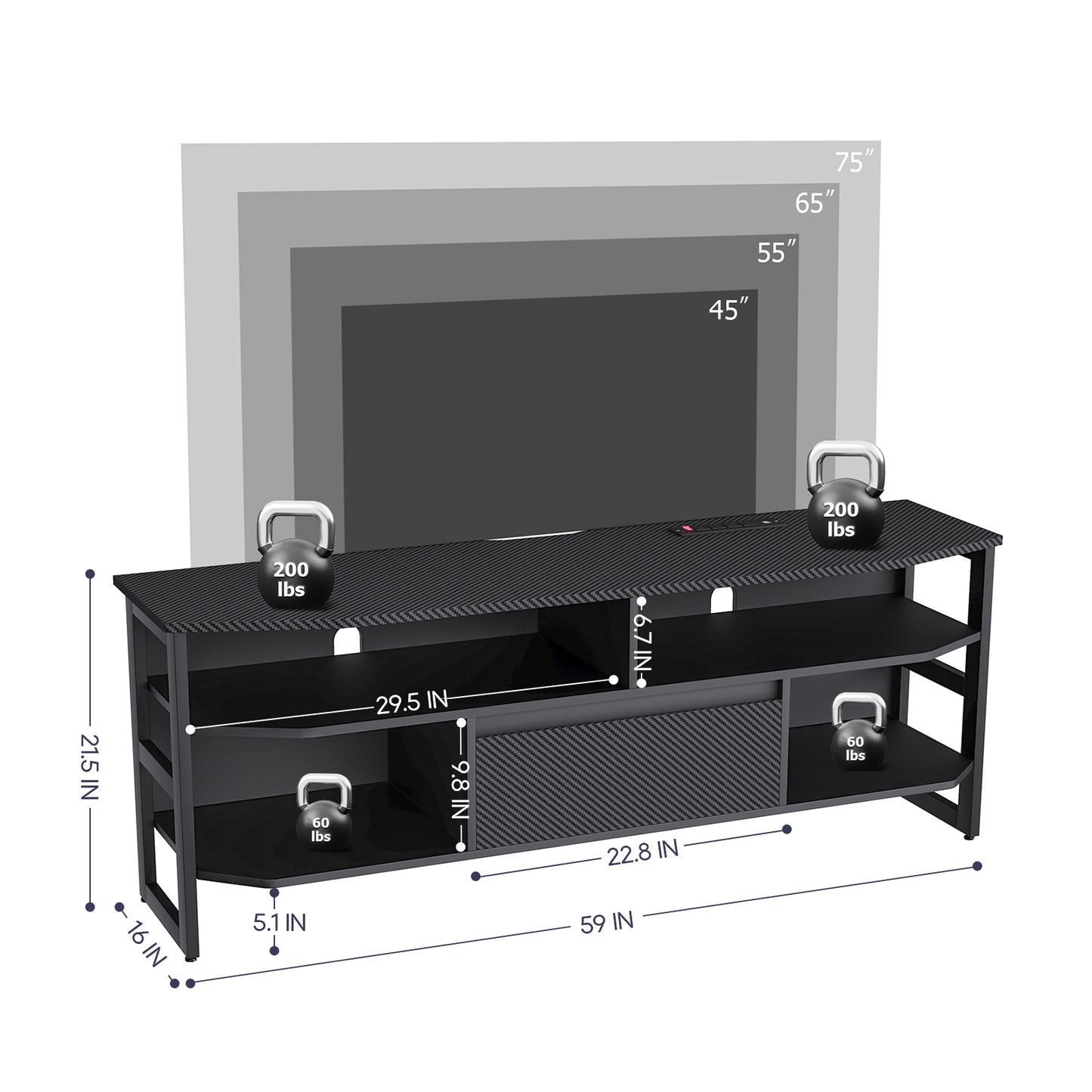 PS5 gaming TV stand with power outlet, capable of accommodating TVs up to 65 inches, 59 inches