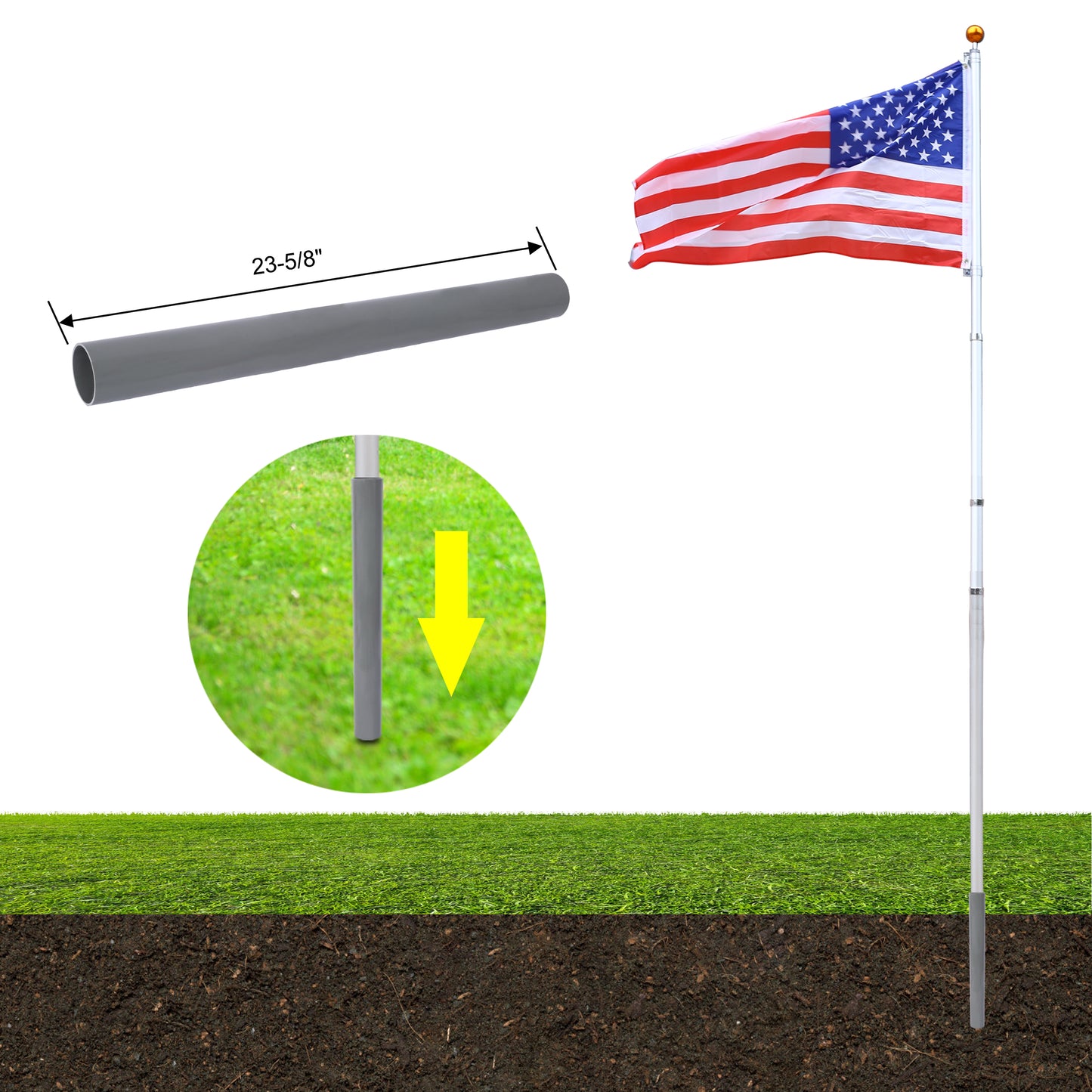 16 foot segmented flagpole kit, ultra thick heavy-duty aluminum flagpole, outdoor embedded flagpole with top ball