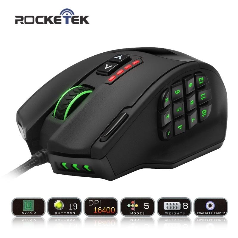 Rocketek USB Gaming Mouse 16400DPI 19 buttons ergonomic design for desktop computer accessories programmable  gamer lol PC