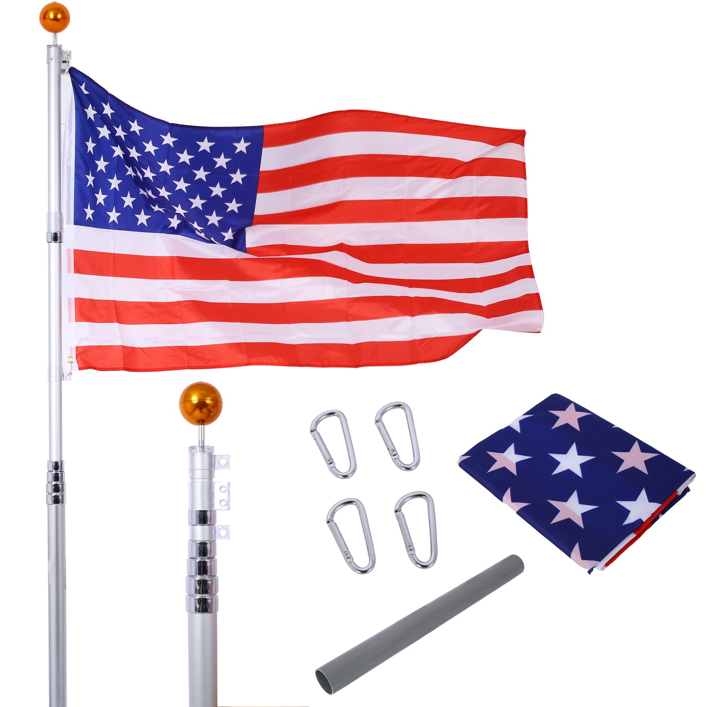 25FT segmented flagpole kit, ultra thick heavy-duty aluminum flagpole with top ball outdoor embedded flagpole