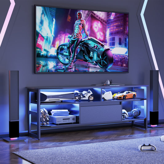 PS5 gaming TV stand with power outlet, capable of accommodating TVs up to 65 inches, 59 inches