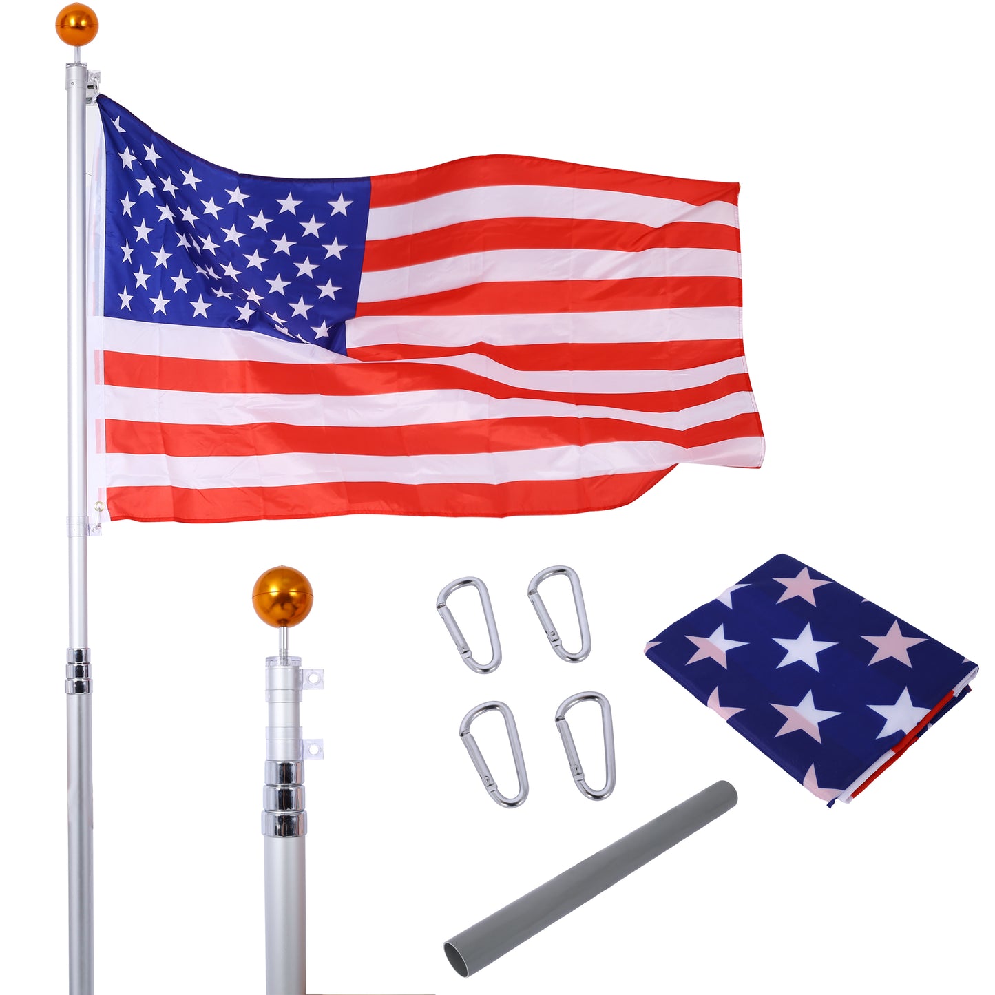 16 foot segmented flagpole kit, ultra thick heavy-duty aluminum flagpole, outdoor embedded flagpole with top ball