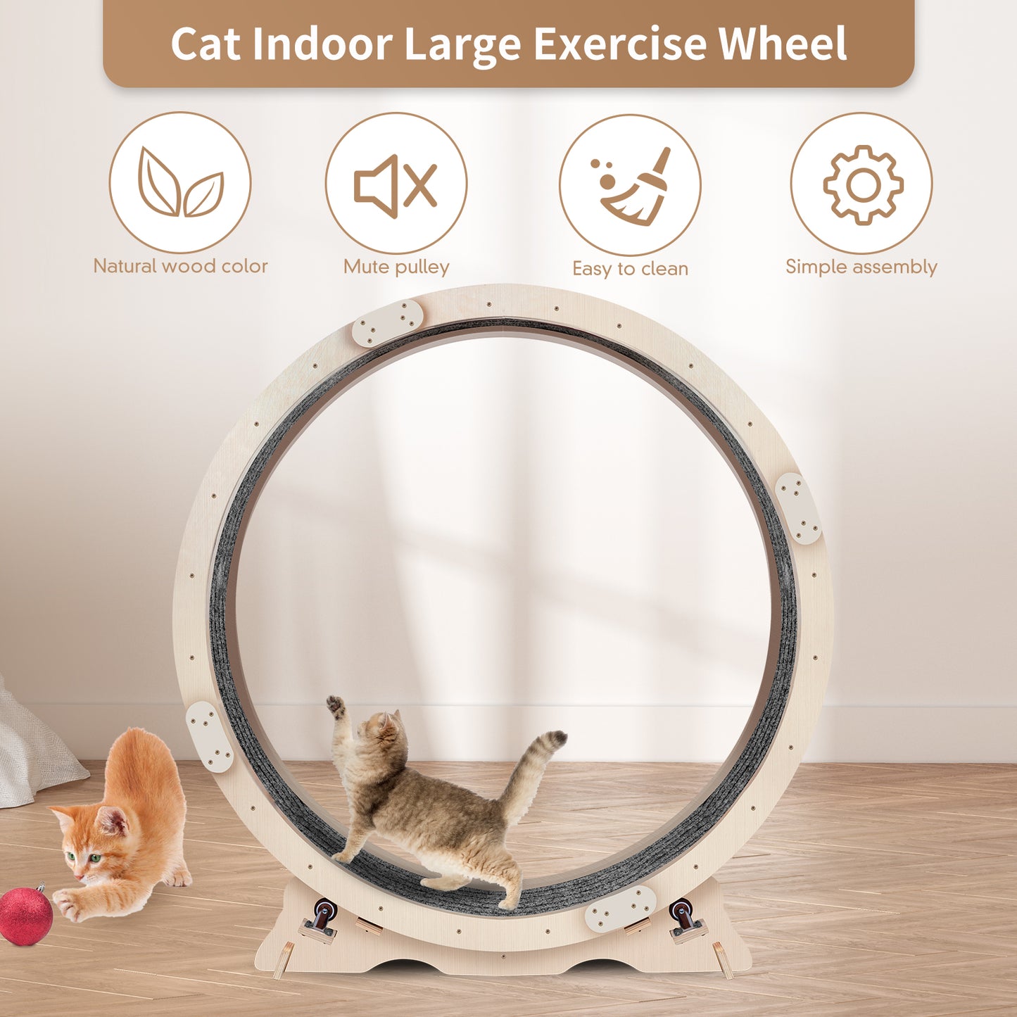 Cat Exercise Wheel for Indoor Cats, Cat Running Wheel with Carpeted Runway, 41" Natural Wood Color