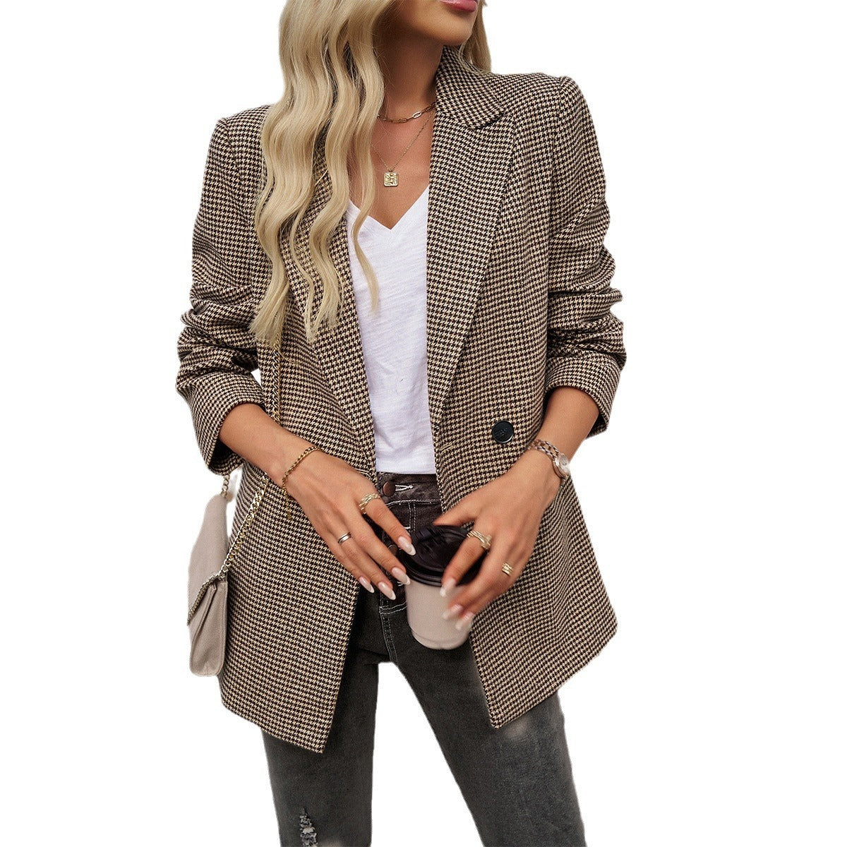 Autumn and winter European and American women's clothing temperament commuting contrasting color lapel button small suit