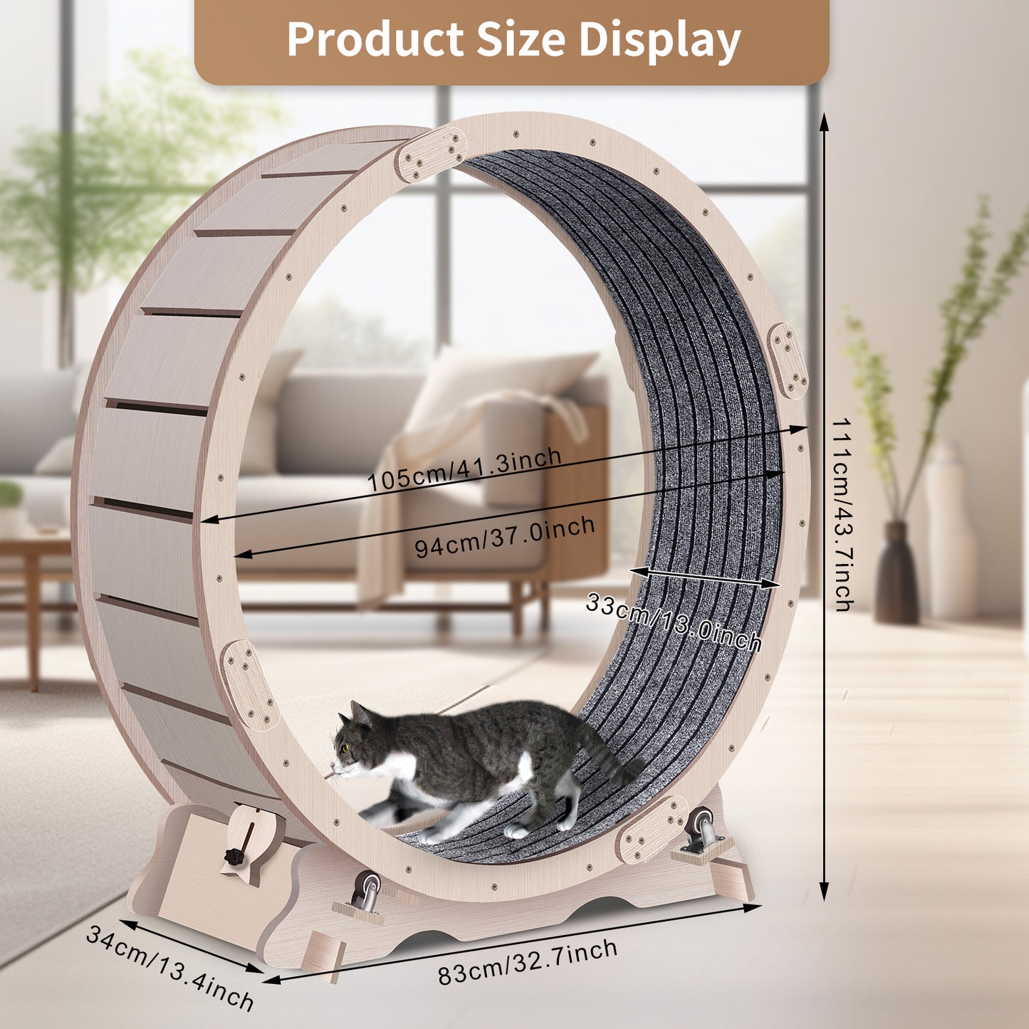 Cat Exercise Wheel for Indoor Cats, Cat Running Wheel with Carpeted Runway, 41" Natural Wood Color